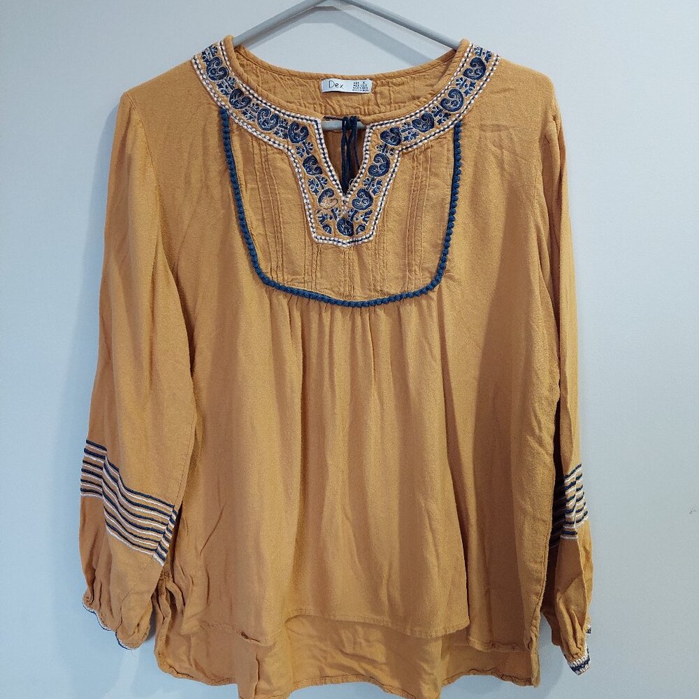 Dex Sz 1X Mustard Yellow Long-sleeved Embroidered Blouse Current Boho Style